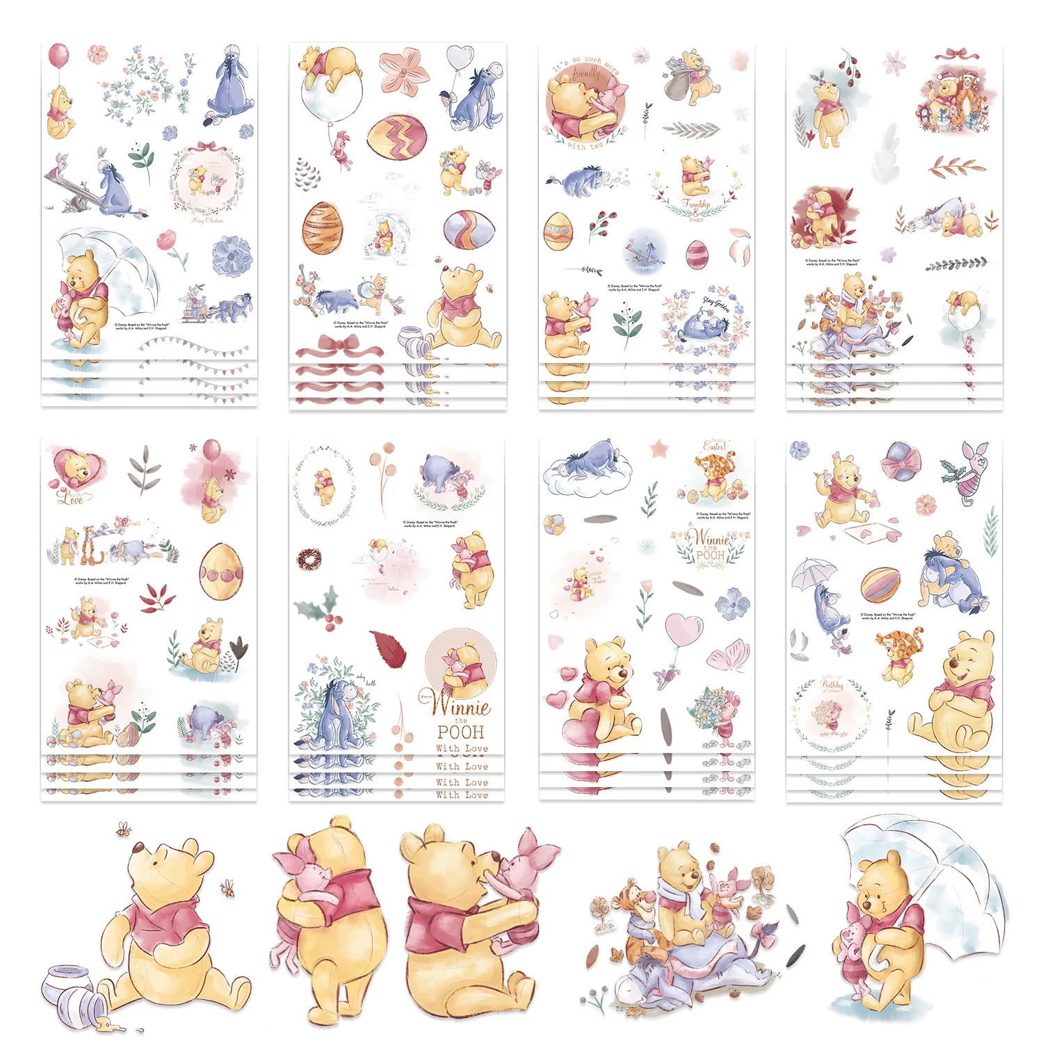 8/16Sheets Disney Cartoon Cute Pooh Bear Sticker Kawaii Fun Graffiti Decal Kids Toy Decorative Phone Case Thermos Cup Scrapbook