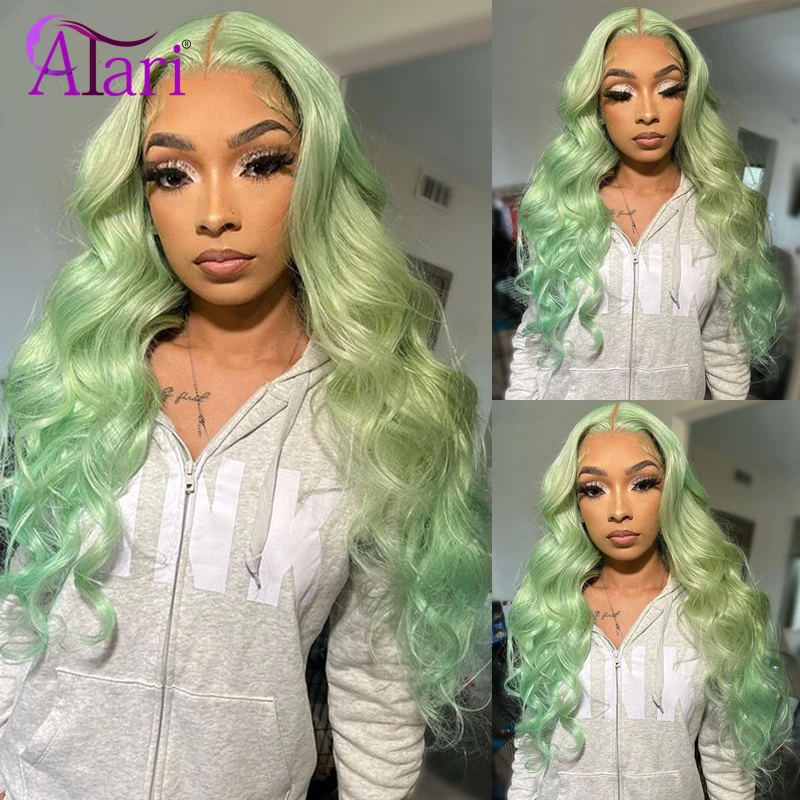 Ombre Groene Body Wave Human Hair Pruiken 613 Gekleurde Mintgroene Rechte Kant Frontale Pruik Transparant 30 Inch Lichtgroen Pre Pluk