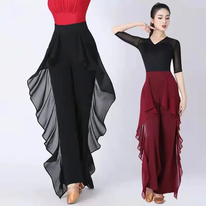 2024 Spring Summer New Plus Size Dance Pants Draped High-Waisted Mermaid Ruffle Edge Sewn Dance Bell Bottom Schiffon