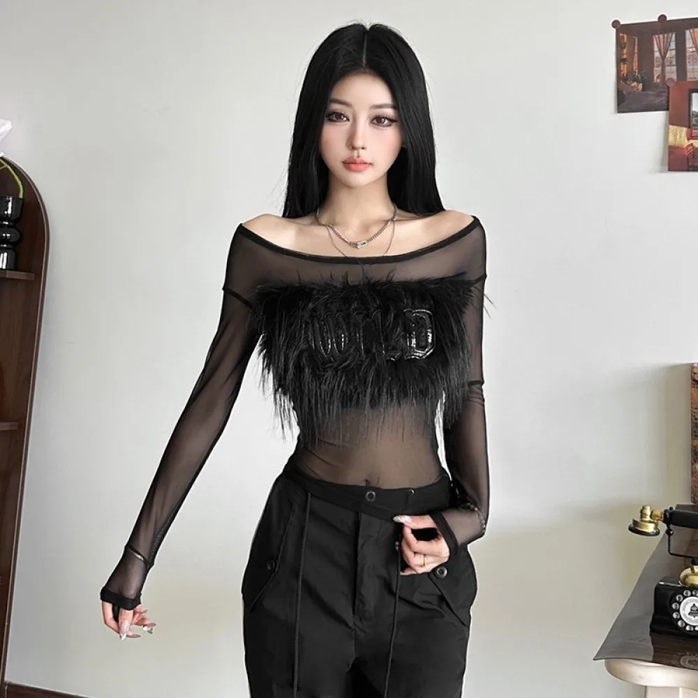 실큐 섹시 시스루 티셔츠 여성 레터 자수 퍼리 패치워크 U넥 긴팔 핫걸 스트릿 와일드 스타일 탑