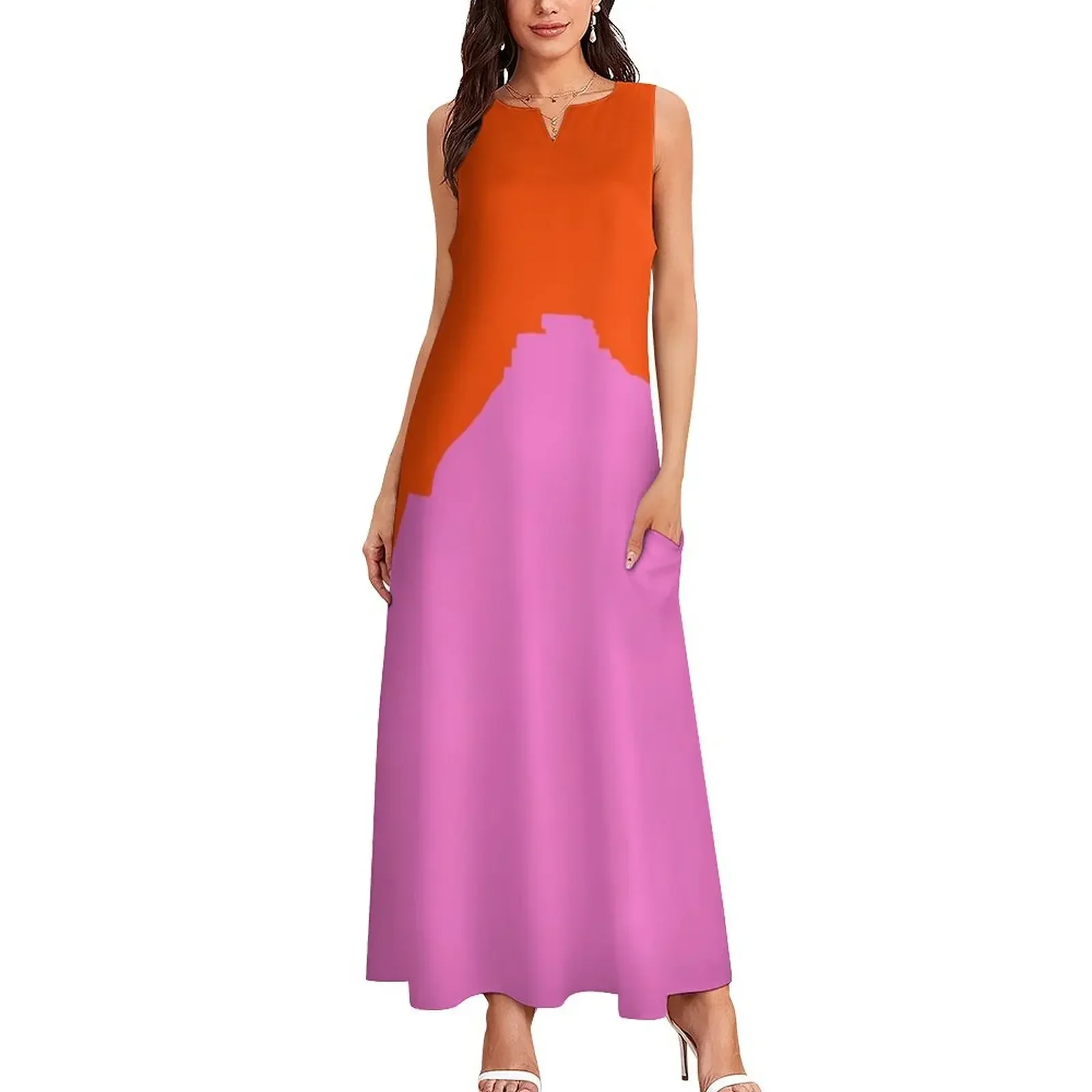 ピンクの山とオレンジ色の空のロングドレス、ラグジュアリーなレディースイブニングドレス、2025年夏の女性用プロムガウン、バンデージドレス