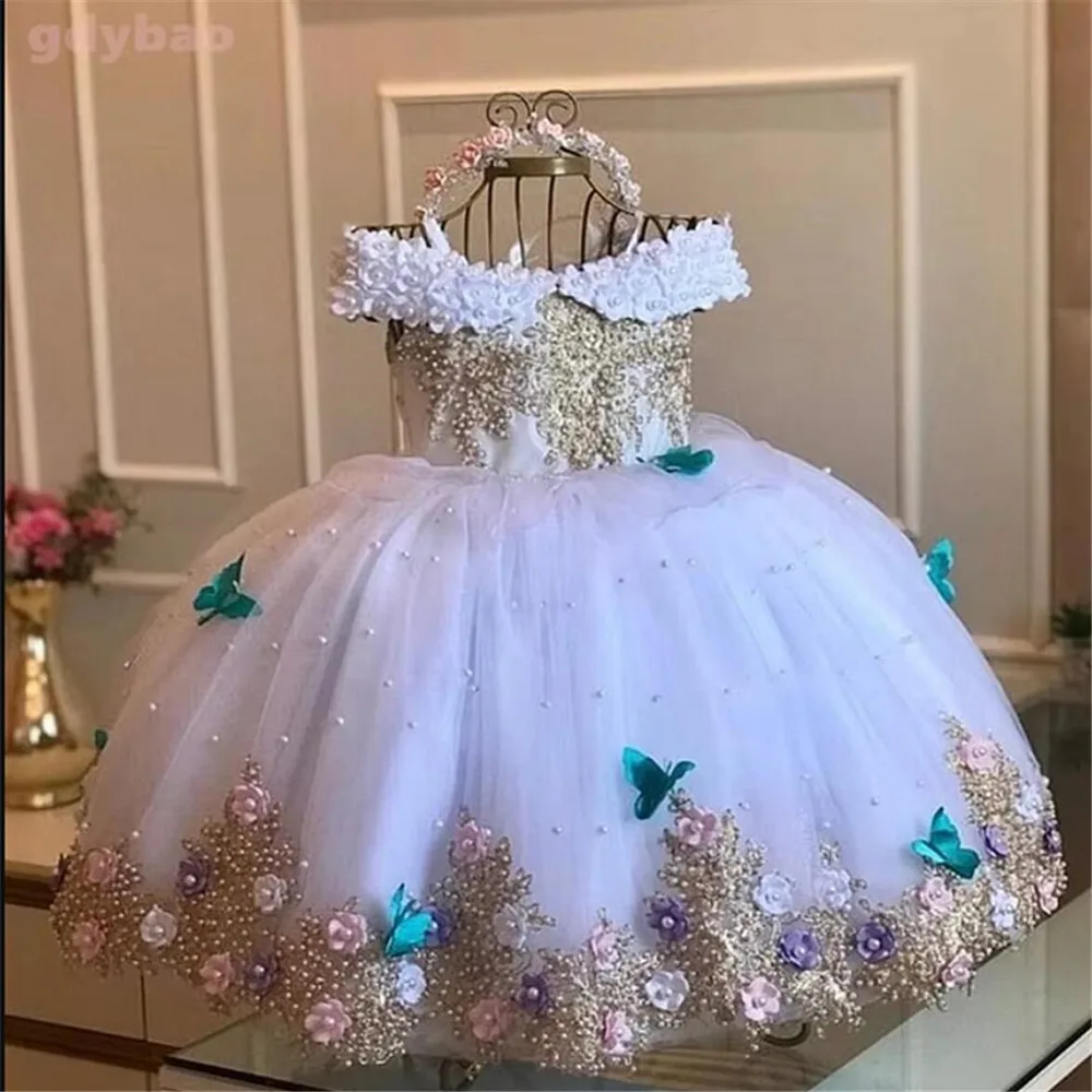 Vestido de flores para niña, traje morado de lujo con plumas y perlas, lazo hinchado, tul, fiesta de cumpleaños, primera comunión