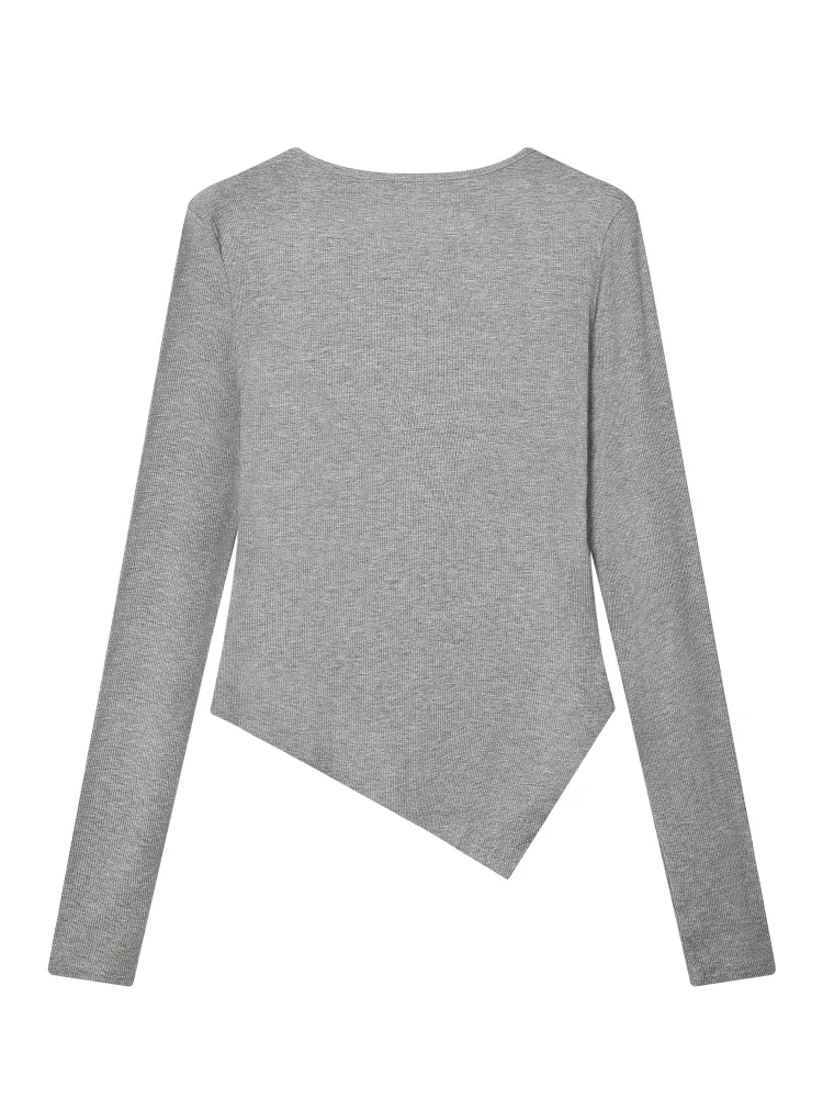 Asymmetrischer, gerippter, schmaler Strickblusen-T-Shirt mit unregelmäßigem Saum, Herbst/Winter 2026, Damen, quadratischer Ausschnitt, langärmlig, sexy Crop-Top – Detail 2