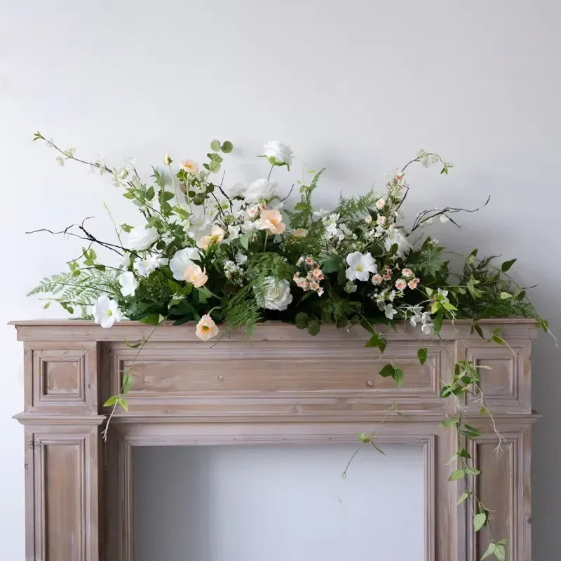Handmade White Green Wildflower Wreath Silk Faux Floral Garland for Wedding Party Home Shelf Window Decoration Rental Props