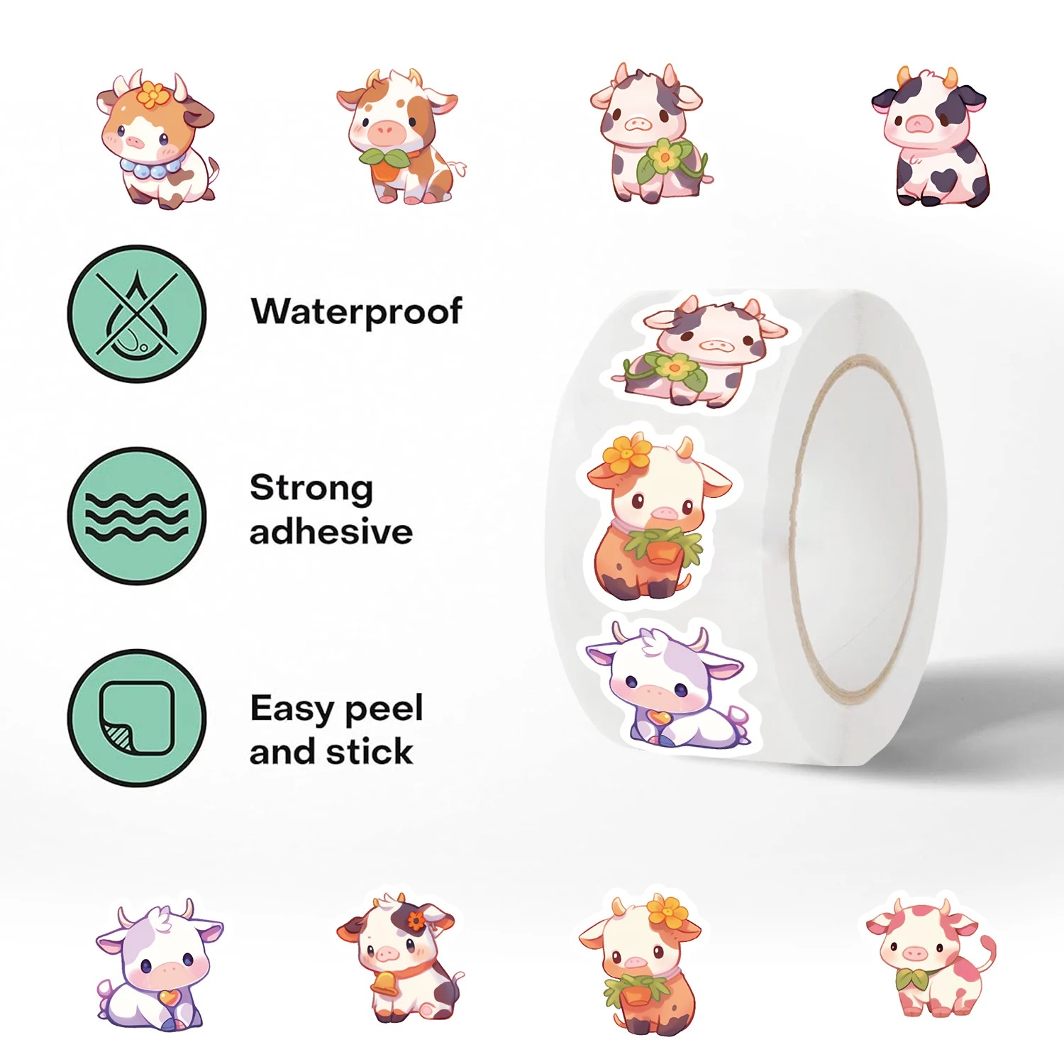 500PCS Cute Dairy Cow Roll Sticker Handbill Material Cute High Appearance Level Envelope Sealing Sticker Student Kawaii