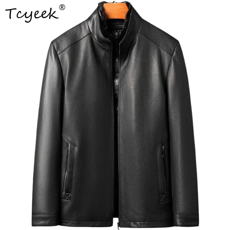 

Tcyeek Натуральная козья кожа Осень Зима Высококачественная модная черная мужская куртка-пуховик с воротником-стойкой Куртка Кожаная Мужская