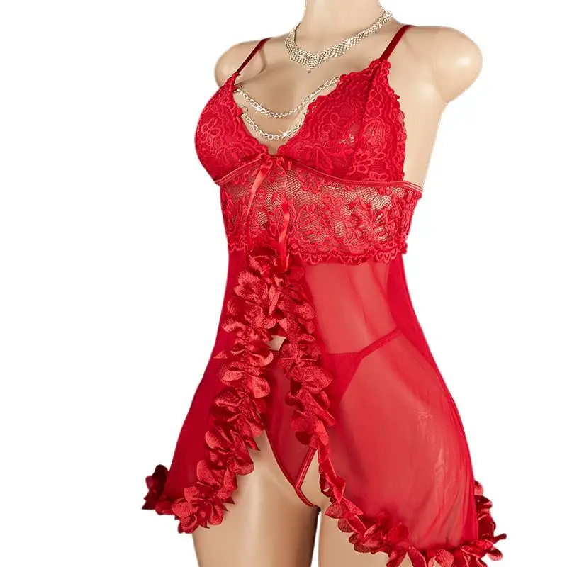 

Эротическое женское белье: комплект с глубоким V-образным вырезом, кружевом и прозрачными вставками, соблазнительная ночная сорочка больших размеров