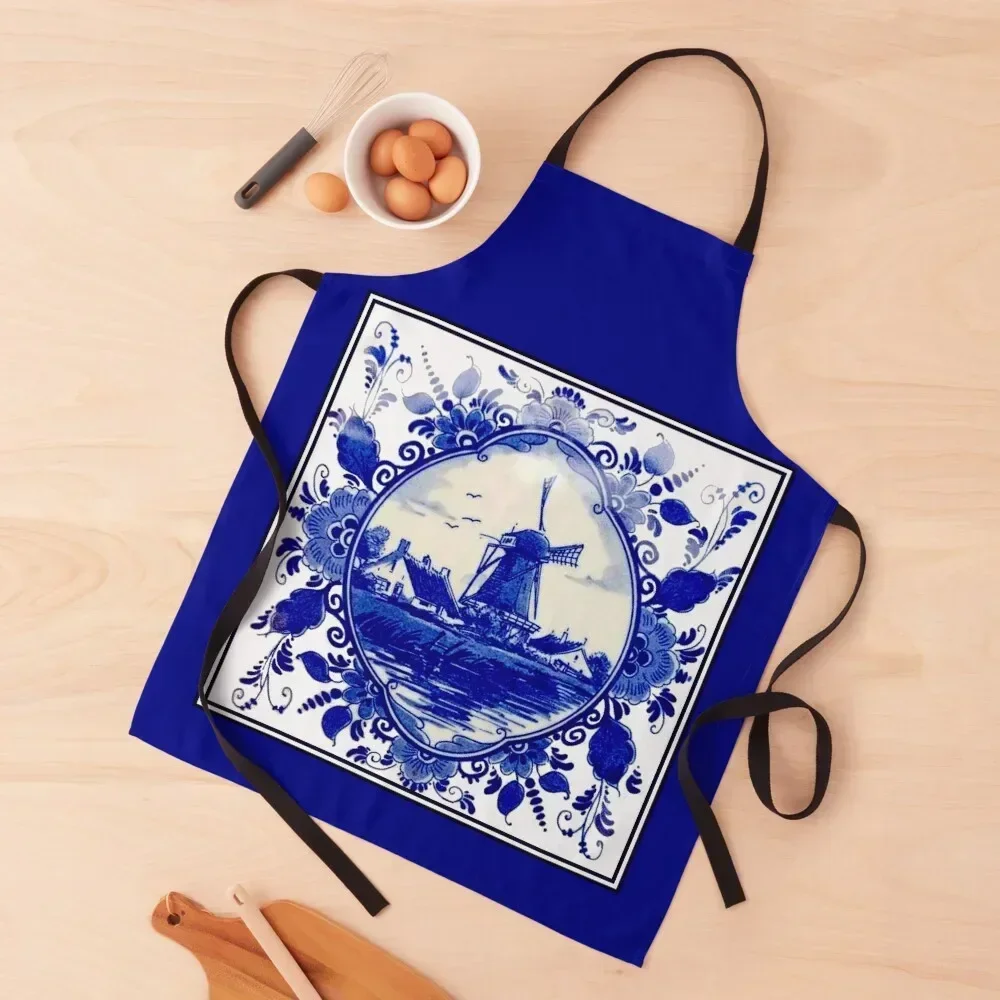 

DUTCH BLUE DELFT : Vintage Windmill on River Print Apron chefs Barista Camping Things For Kitchen Apron