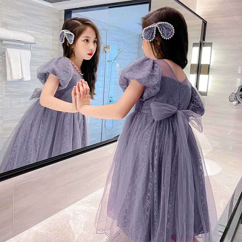 2023 korea Summer teens kids purple Girls clothes pearl Dress bow mesh lace princess shoulderless Bubble dresses 5 8 10 12 year