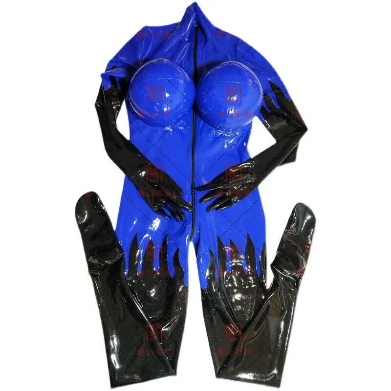 Latex catsuit with inflatable Breast dark blue&black gloves socks front zip