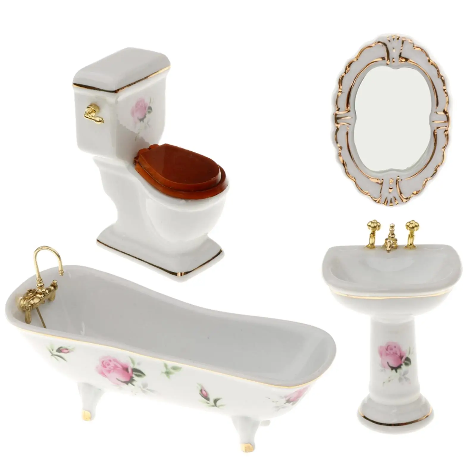 4pcs Mini Dollhouse Bathroom Set Porcelain Bathtub Sink Toilet Mirror for DIY Miniature Decoration Furniture 1 12