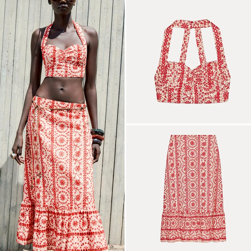 夏のレディースファッション 刺繍入り透かし彫りトップスとミディスカートのツーピースセット Vネック半袖ポリエステル繊維ロングパンツ