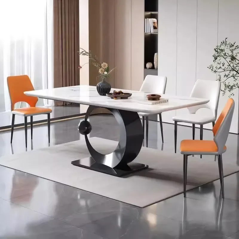 Glossy Stone Slab Dining Table with Waterproof Feature Moon Ball Rectangular Dining Set for Home Use
