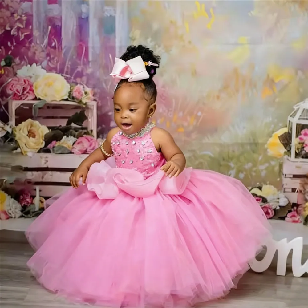 فستان فتاة الزهور الوردي لحفلات الزفاف بدون أكمام ترتر للفتيات والأطفال وحفلات أعياد الميلاد الأولى فساتين التواصل المقدس حسب الطلب