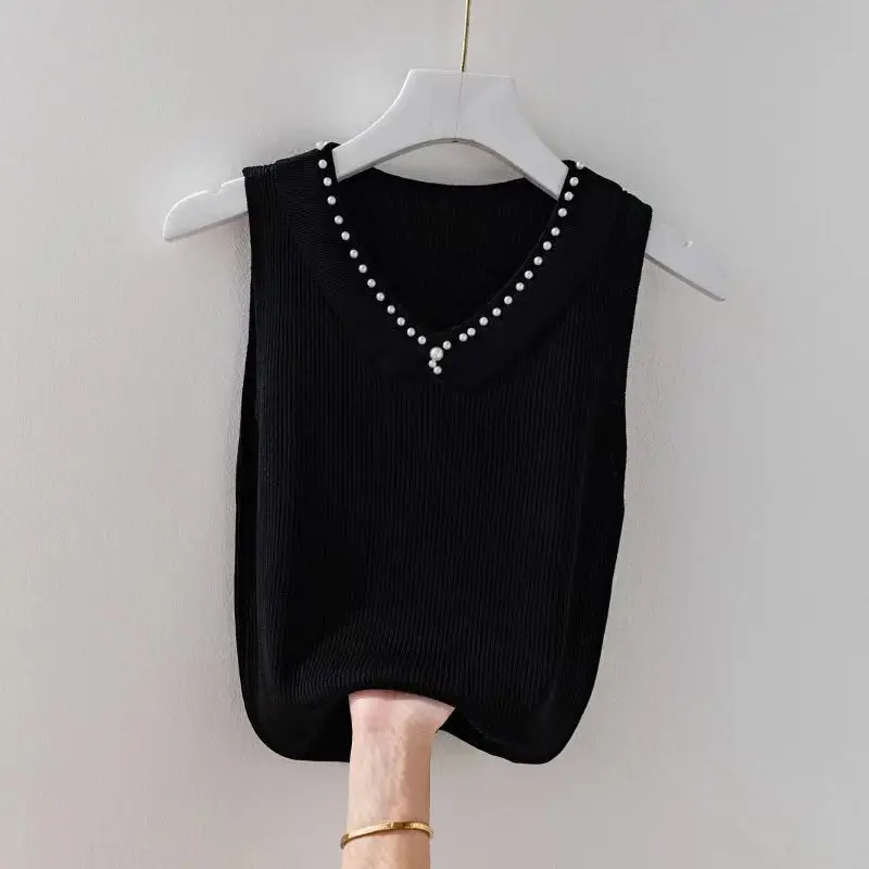 Ice Silk Camisole Female Doll Collar Covering Belly Fat Mm Heavy Industry Nailed Beads Solid Color Sleeveless Top S-3XL