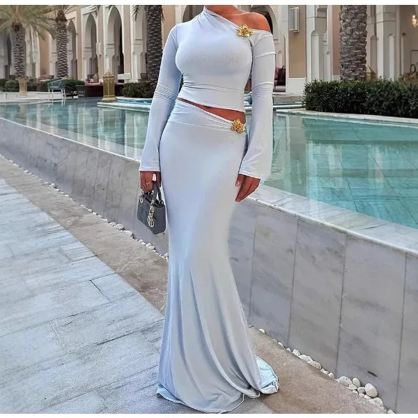 

Elegant Two Pieces Set Women Fall 2025 Metallic Flower One-shoulder Long Flare Sleeve Top Hip Package Long Skirt Lady Party Suit
