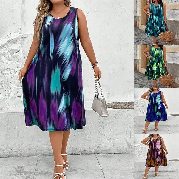 

Женское платье в стиле Лолита с принтом, больших размеров, средней длины, А-силуэт, без рукавов, для прогулок по городу, модное, больших размеров