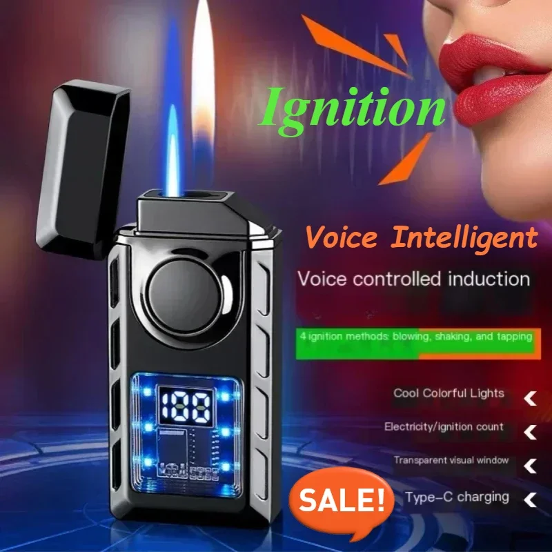 Creative Voice Controlled Ignition Gas Lighter Color Light Battery Display Open Fire Switching Jet Fire USB Electric Lighters