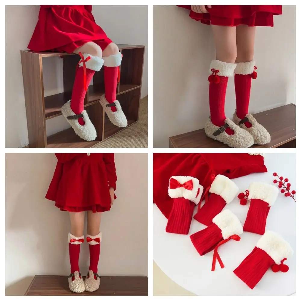 Cute Female Hosiery New Year Red Socks Cotton Thicken Children Red Socks Bow Floor Socks Middle Tube Socks For Girl