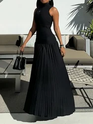 Bonboho 2024 New Summer Dress for Women High Neck Sleeveless Skinny Long Dress Solid Black High Waist Pleated Party Dresses