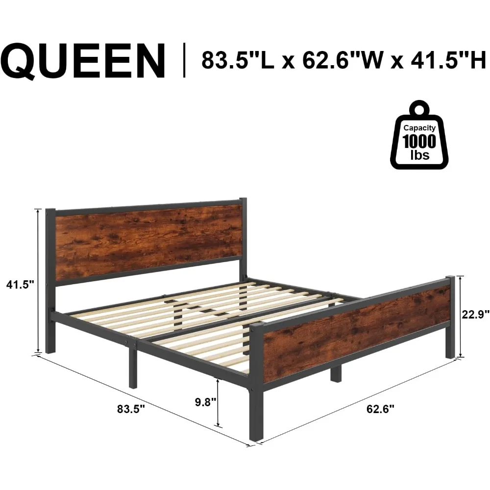 Bed Frame with Wood Headboard, Platform Bed Frame with Wood Slats,All-Metal Support System,Large Under Bed Storage