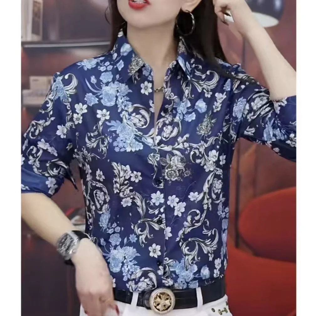 Business Casual Long Sleeve Men's Shirt Vintage Floral Print Anti-Wrinkle Versatile  Collar Polyester Fiber Gentleman's Wear