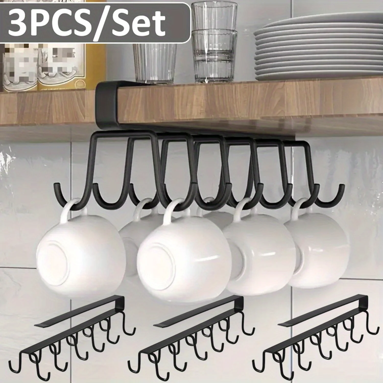 3PCS Cups  ,  Utensil Hanging with , Cup Holder Hanger Hook Rack Holder Under Cabinet Closet Without Drilling