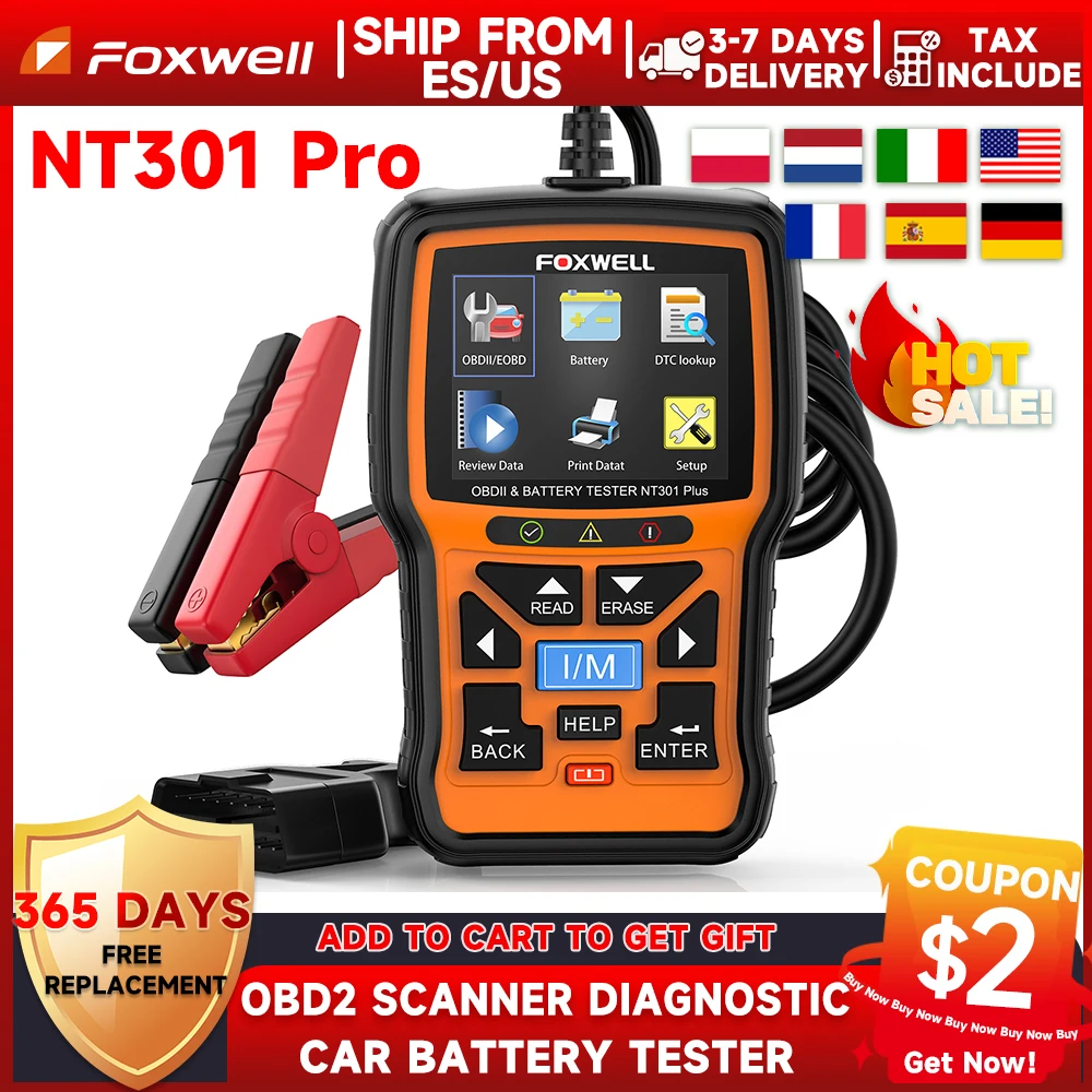 

Foxwell NT301 Plus Car Engine OBD2 Scanner Diagnostic Code Reader Car Battery Tester 4 in 1 Check Engine Free Update
