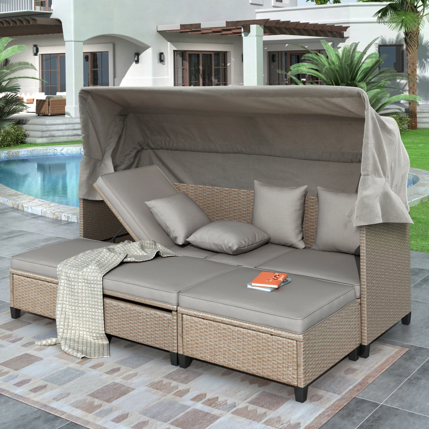 TOPMAX 4-Piece UV-Proof Wicker Patio Sofa Set with Retractable Canopy, Cushions, Lifting Table - Brown.