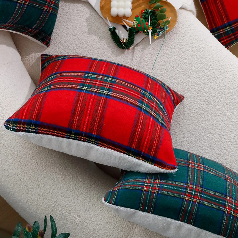 Cushion Cover Retro Red/Green Plaid-Single 30x50cm Christmas Supplies Home Decoration Pillow Cover for Indoor Sofa Pillowcase