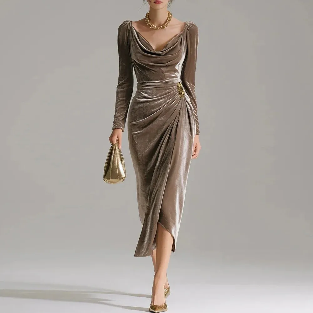 Long Sleeve Pleated Dress Slim Fit Urban with One Maxi Length Streetwear Autumn Pullover Party Dress for Wedding for Women