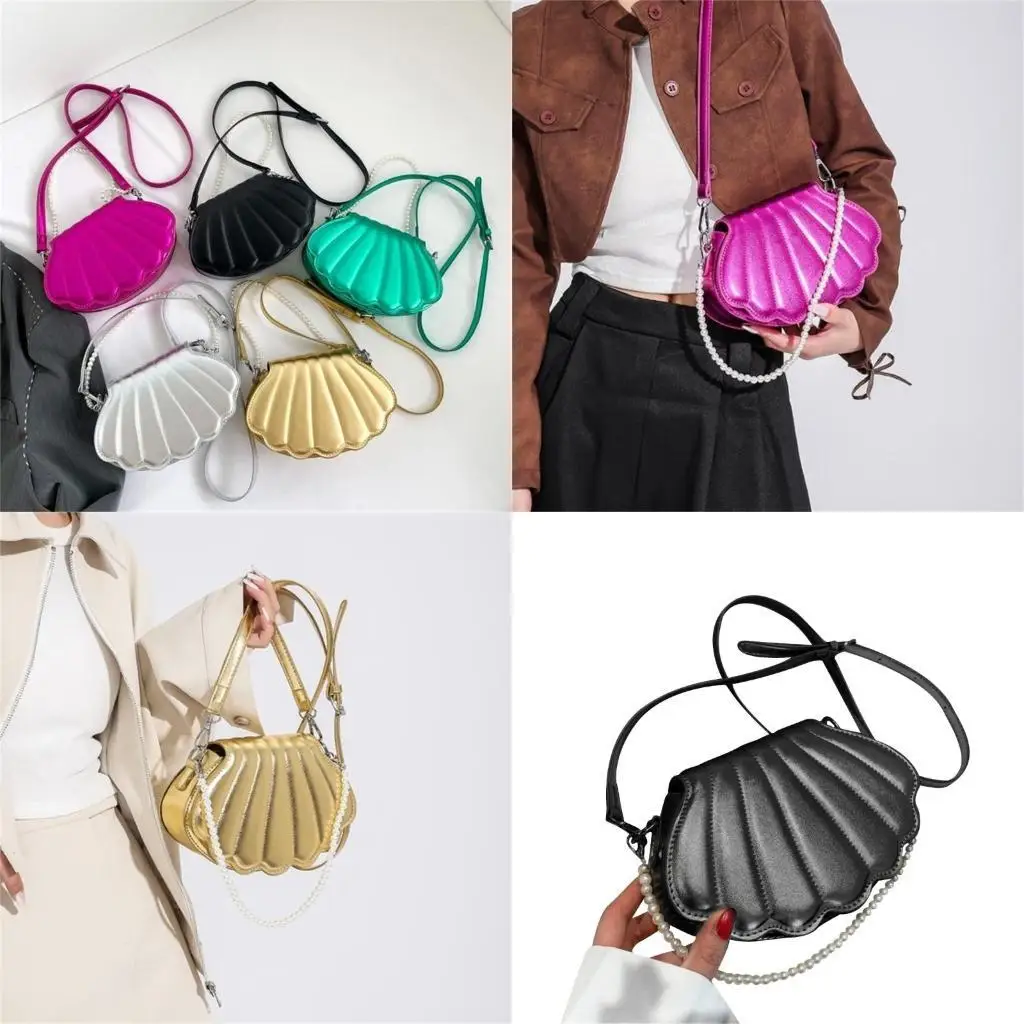 

D46D Fashion Shell Crossbody Bag for Women All-matching Pearl Shoulder Bag Beaded Handbag Purse PU Bag