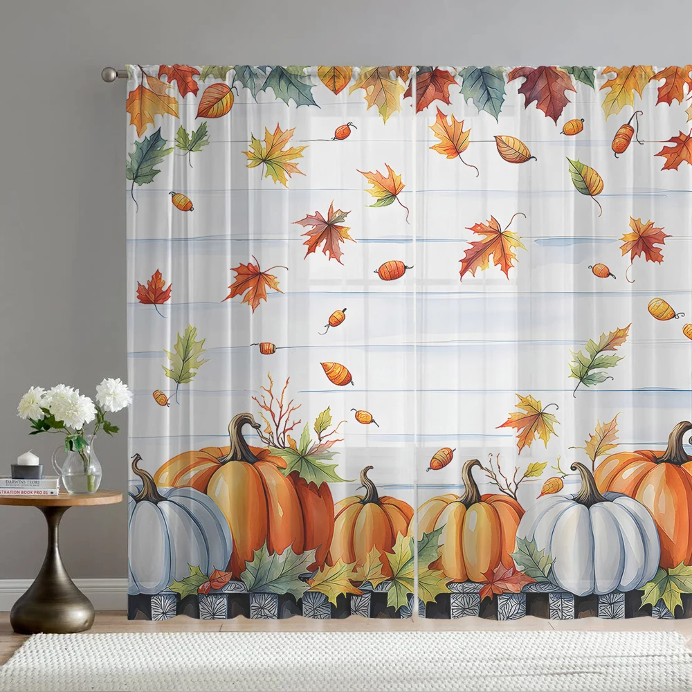 2PCS Home decoration printed window screens, pumpkin maple leaves, with pole bags, suitable for kitchens, cafes, and living room