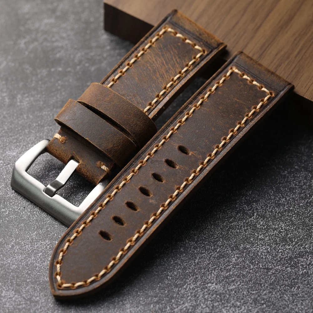 

Утолщенный вручную ремешок из натуральной кожи в стиле жерень 20, 22, 23, 24, 26 мм, винтажный мужской ремешок, совместимый с ремешком для часов PAM111 441