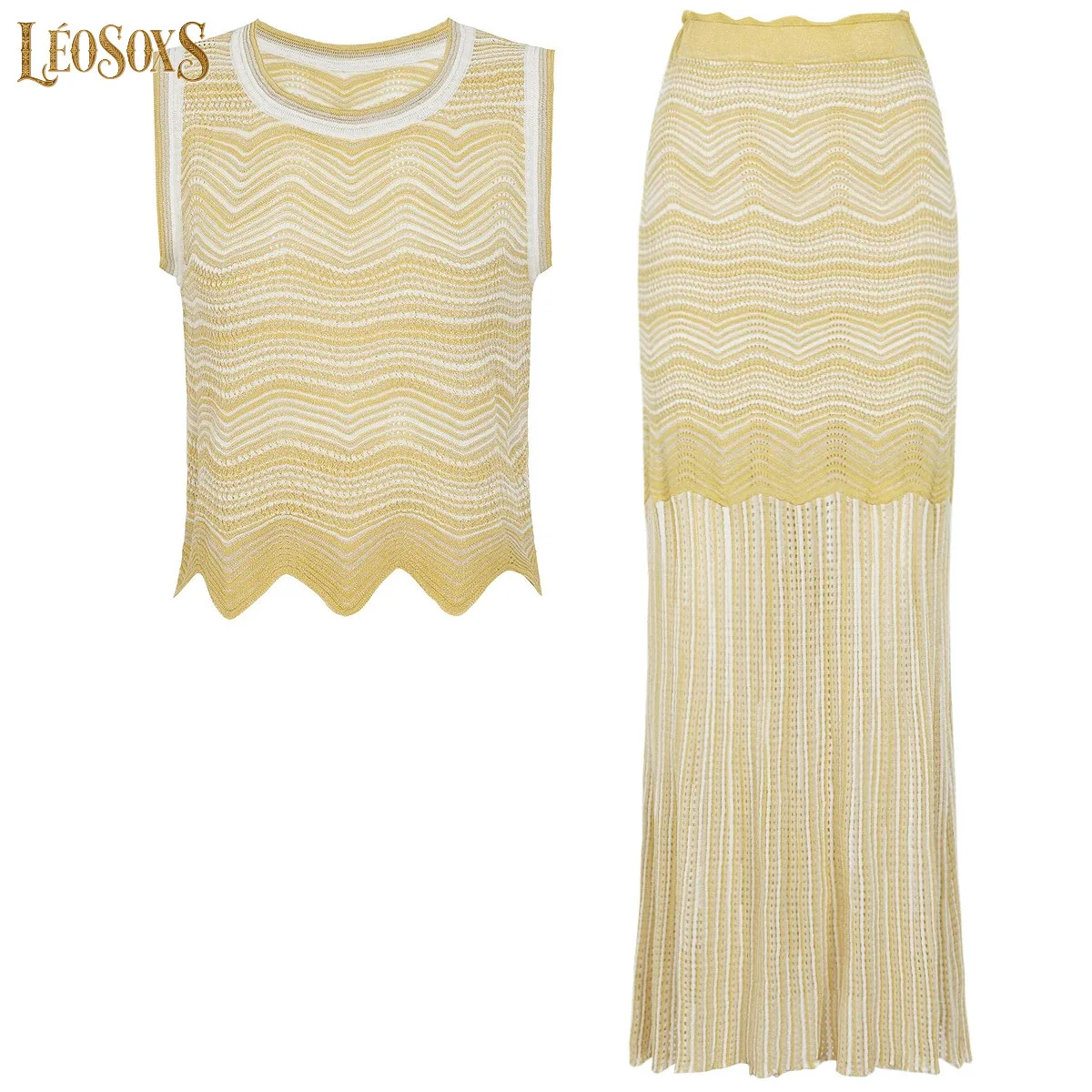 LEOSOXSLuxury Summer New Women Matching Outfit Wave Pattern Round Neck ShortSleeve Knitted Top With Versatile Midi Skirt TwoPiec