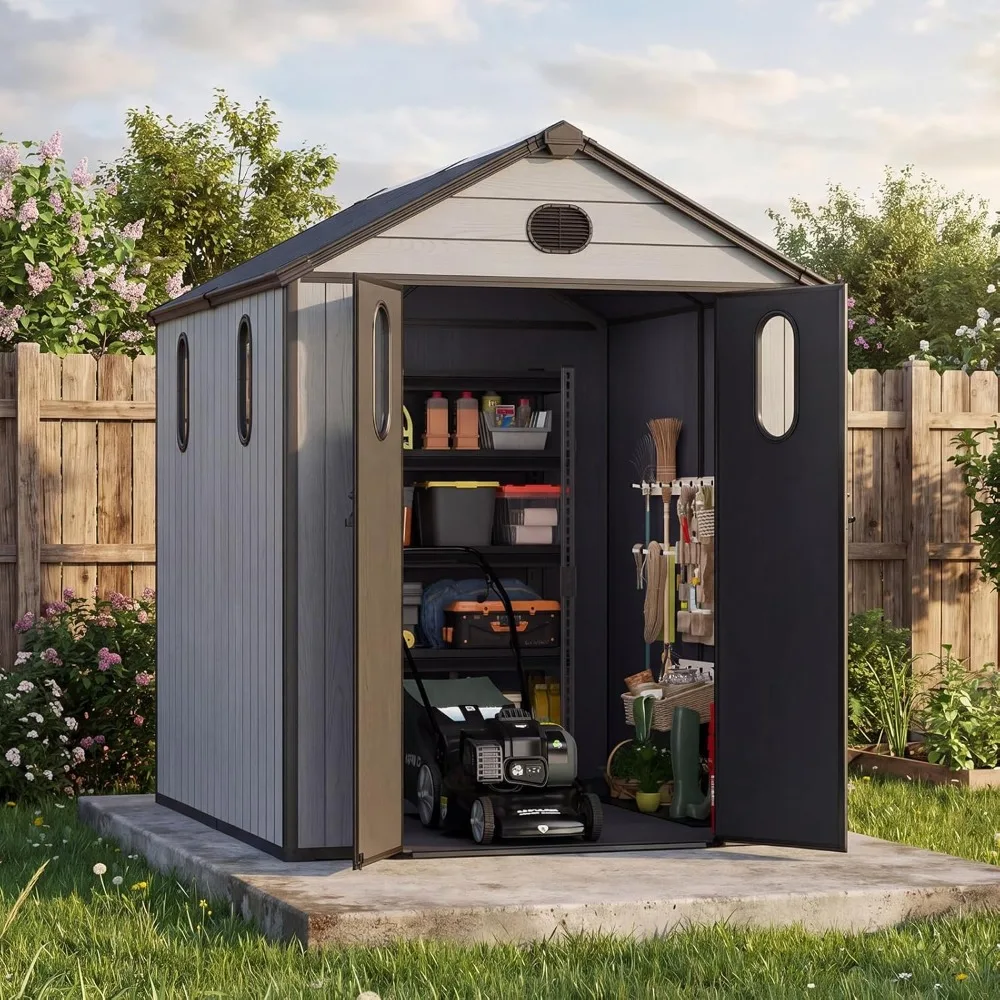 

6.1 x 7.5 FT Outdoor Resin Storage Shed, Heavy-Duty Plastic Shed with Reinforced Floor, Windows & Mesh Vents, Customized