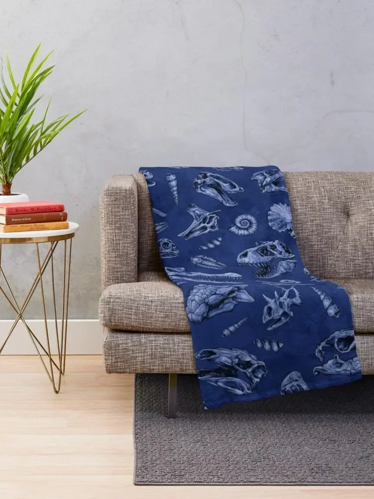 Dinosaur skull sketch tiled pattern blue Throw Blanket Camping christmas gifts Designers Soft Beds Blankets