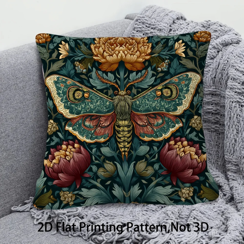 Butterfly Moth Pillow Cover, Retro Floral Botanical Cushion Case, Witchy Dark Cottagecore Home Decor