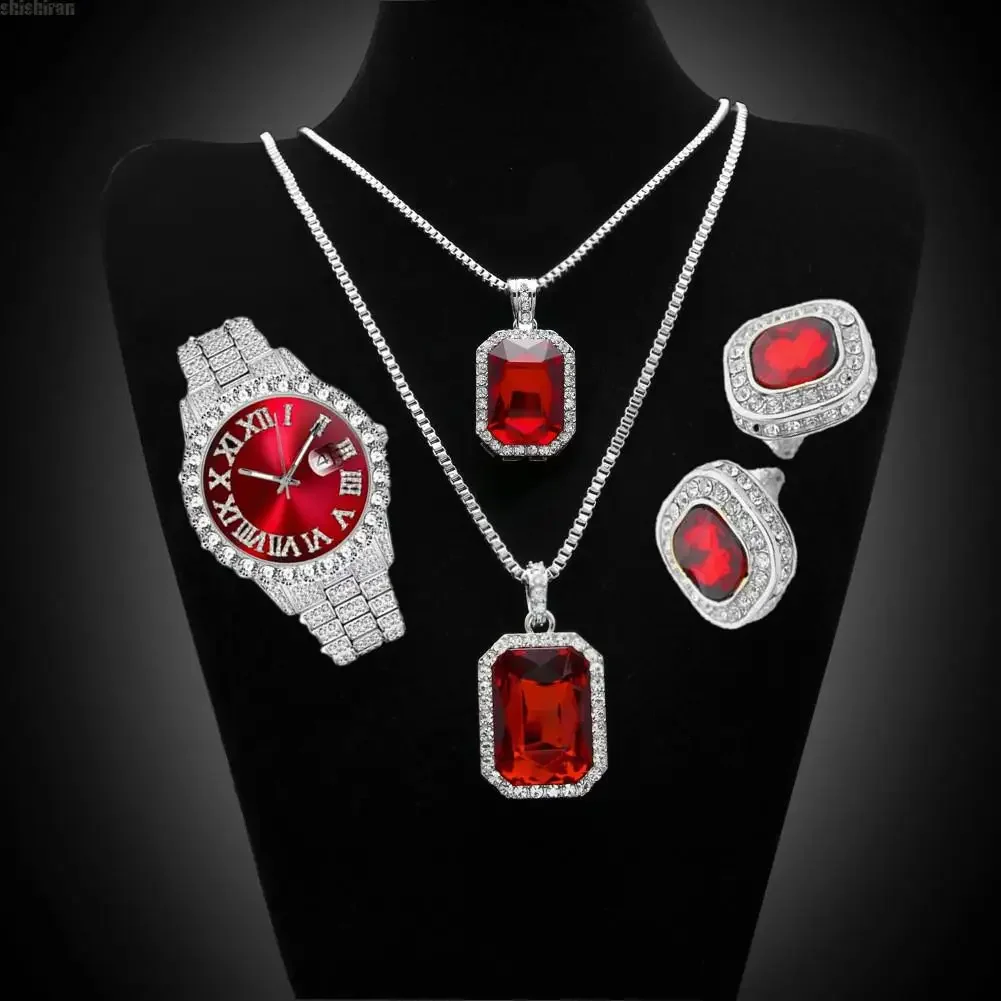 Hip Hop 4pcs Kit Silver Color Watch+nekclace +earrings Como Sets Bling Square Red Blue Black Crystal Cz Stone Men Jewelry Set