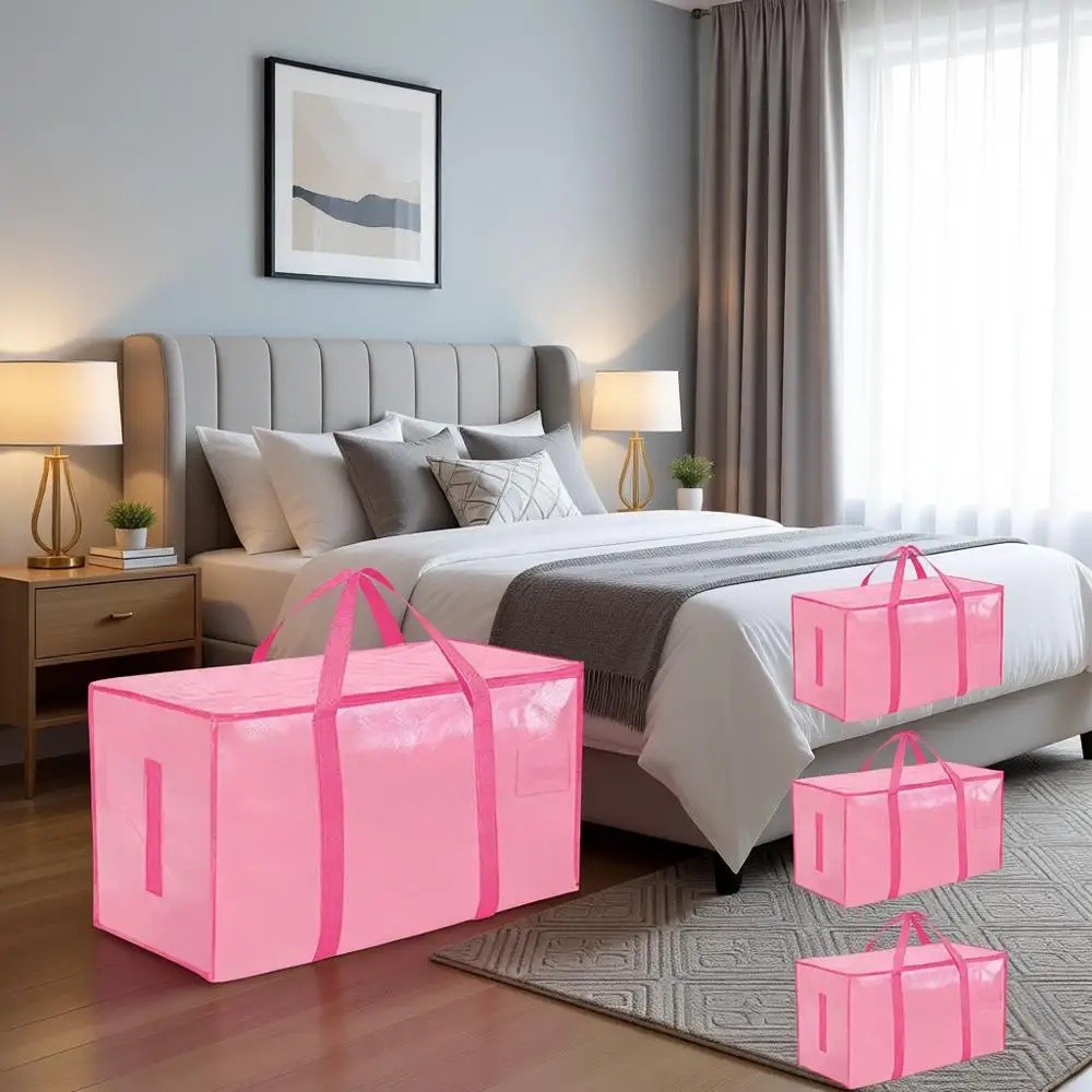 

Очень большие водонепроницаемые сумки для хранения с ручками и молниями для переезда, общежитий и хранения вещей (розовые)