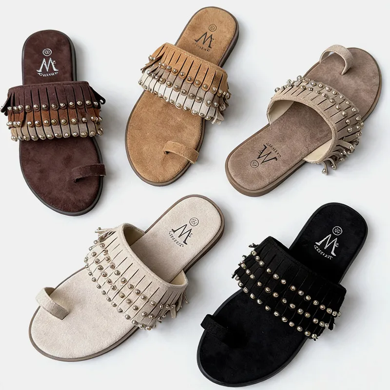 

Rivet Tassel Summer Boho Women's Sandals Casual Streetwear Round Toe Flip Flops Female Pull on Fashion Flats Slippers Shoes New