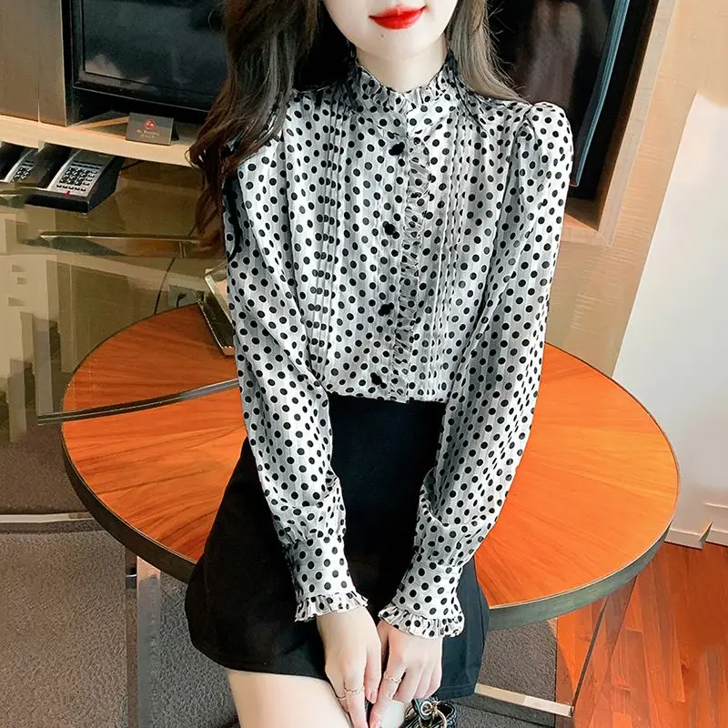 Spring Autumn New Fashion Half High Collar Long Sleeve Blouses Women\'s Clothing Polka Dot Button Loose All-match Korean Shirts