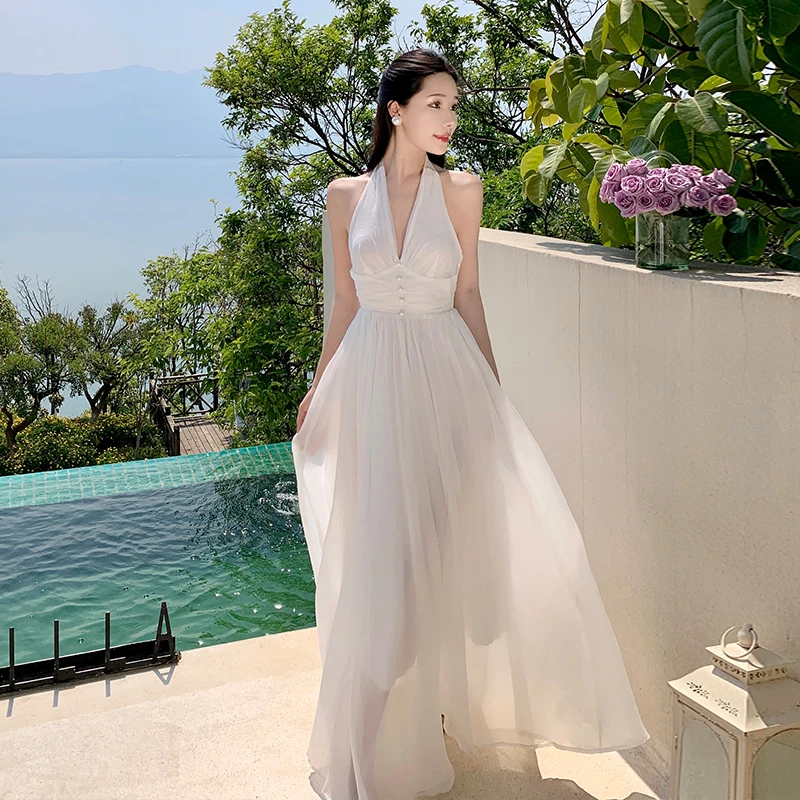 Bohemian Holiday Beach Long Summer Dress New Elegant Women Halter Sleeveless Off Shoulder Chiffon Sexy Backless White Slim Robe