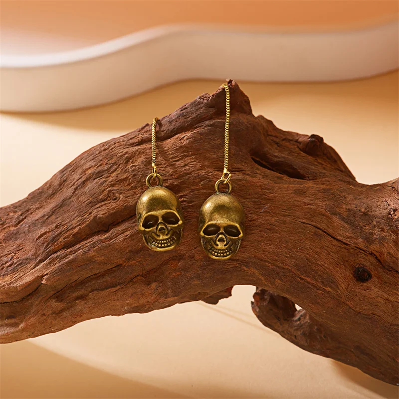 Halloween Silver Skeleton Ear Thread Earrings Spooky Skull Dangle Drop Fashion Gift for Women Costume Party Jewelry