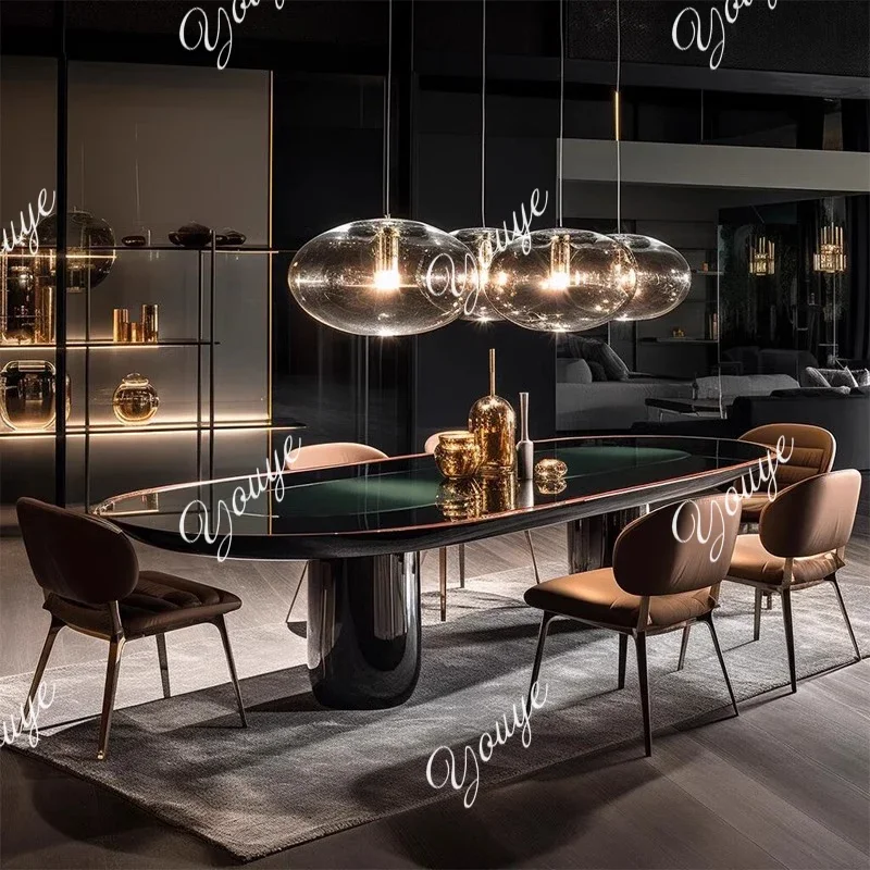 A36 Italian light luxury solid wood dining table and chairs combination villa restaurant custom high-end oval home dining table