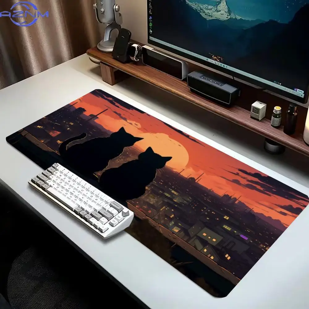 Sunset Black Cat Gaming Mouse Pad Large Extended Desk Mat Non-slip Keyboard Mat for Gamer Office Computer Laptop Gaming Mousepad