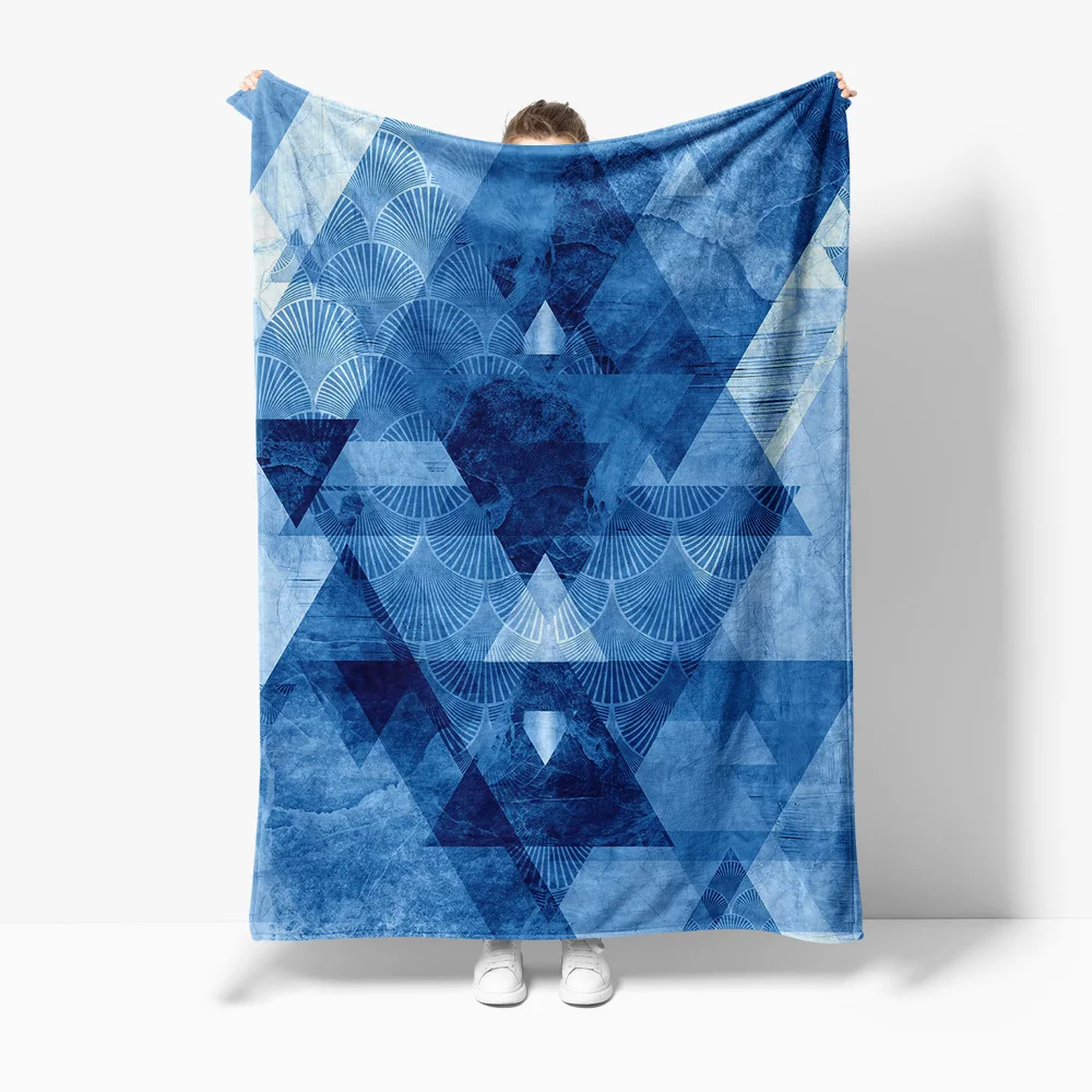 

Синее флисовое одеяло с геометрическим узором - абстрактное треугольное одеяло для дивана-кровати, дивана, подарок
