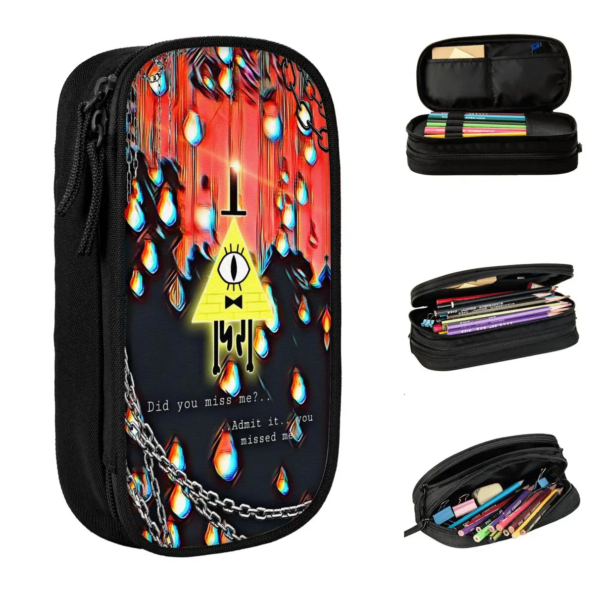 Large Capacity Pen Box Gravity Falls Bill Cipher School Supplies Double Layer Pencil Box Women Make Up Bag Amazing Gift