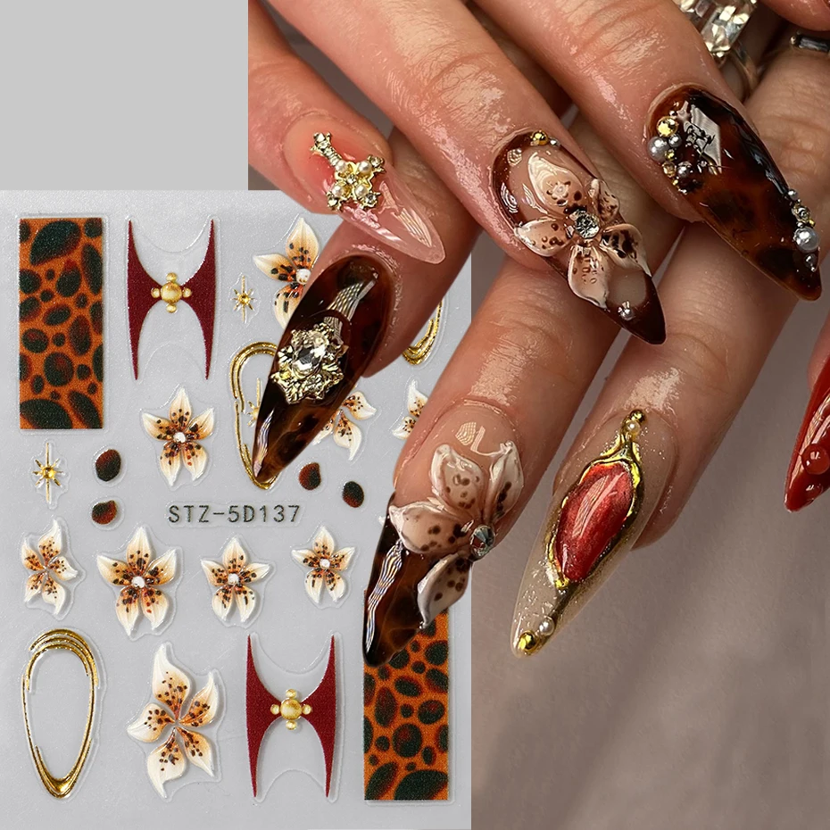 2 uds 5D en relieve Hada marrón flor de orquídeas pegatinas de uñas líneas bronceadoras doradas estrellas deslizadores adhesivos para uñas DIY dijes Deco