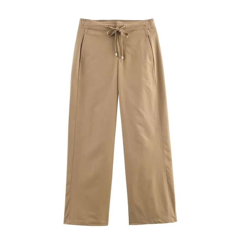YENKYE Drawstrings Elastic High Waist  Wide Leg Casual Pants For Women Spring Autumn Solid Trousers